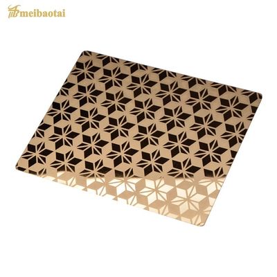 PVD رنگ طلایی بر روی ورق فولاد ضد زنگ حک شده با فیلم PVC 70 میکروونی در اندازه 1219x3048mm